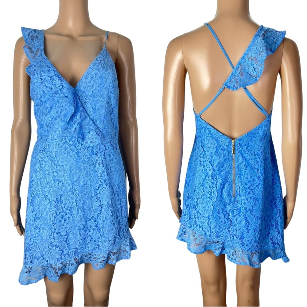 New Revolve NBD X NAVEN Cassandra Blue Lace Open Back Asymmetrical Mini Dress - Picture 13 of 13